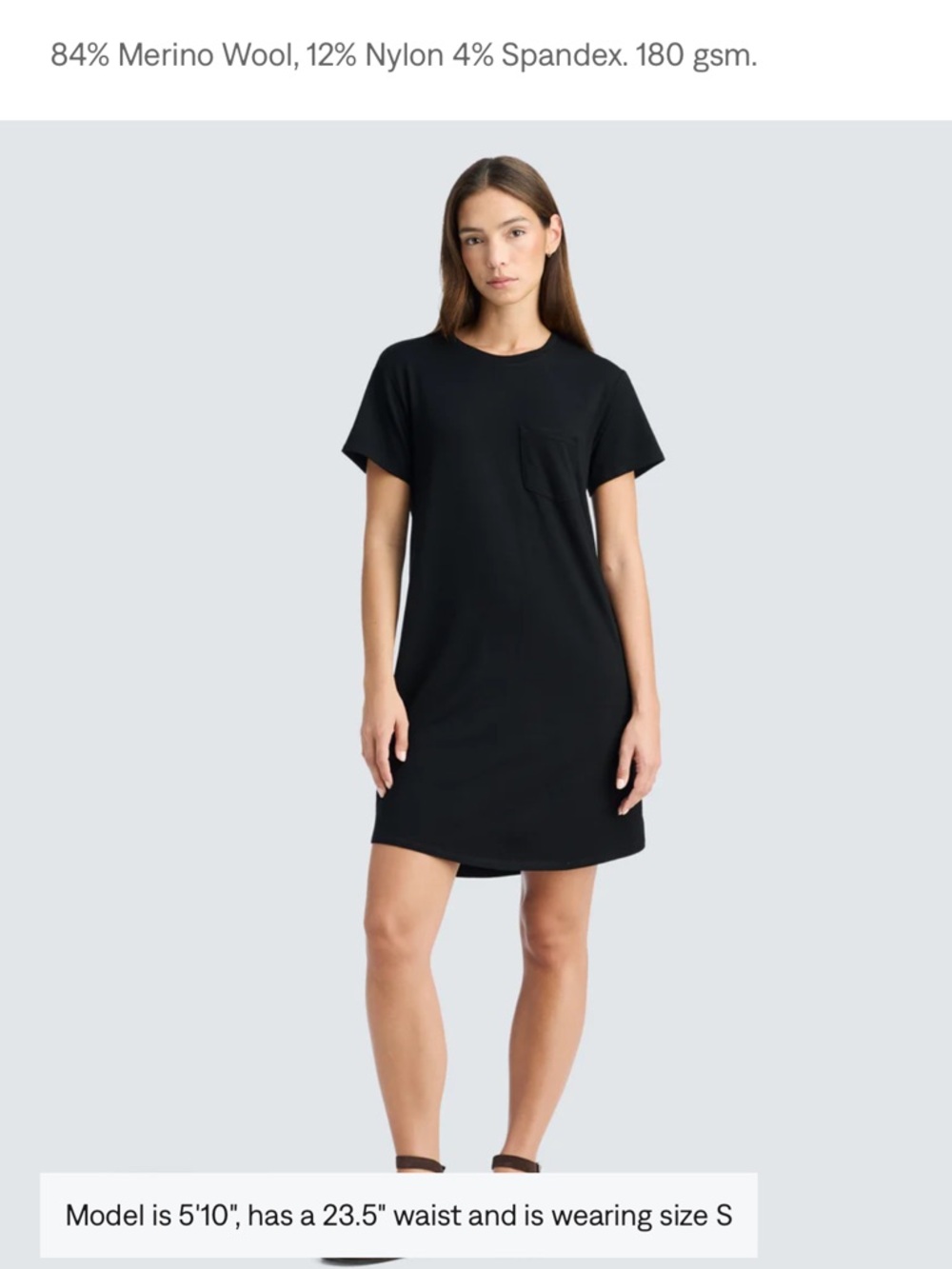Merino Wool Black Short Sleeve Pocket T-Shirt Dress relaxed fit casual light